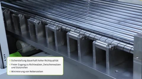 Richtwalzen einer Maschine in Nahaufnahme, eingeblendet drei Vorteile der Maschine