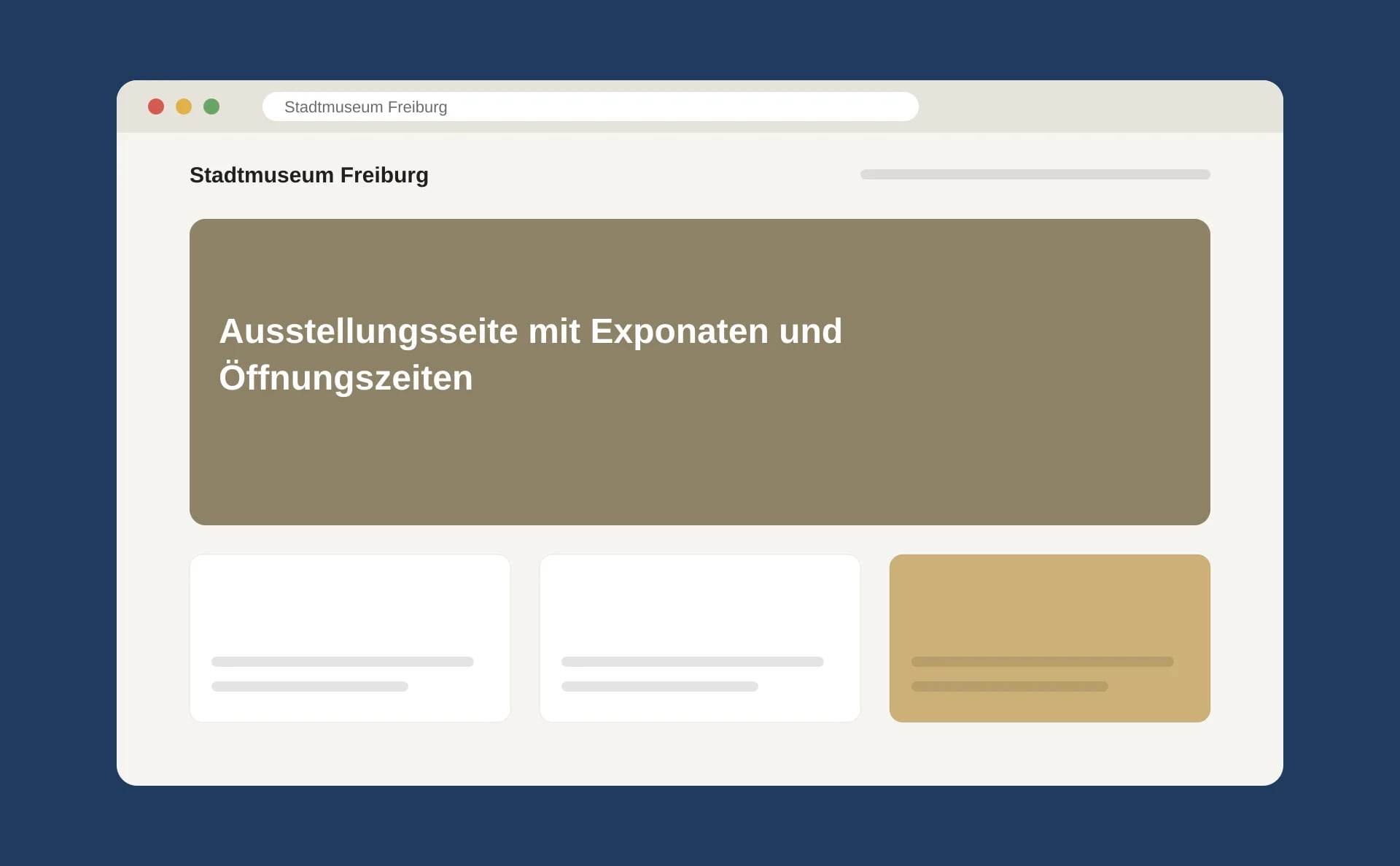 Schematische Ansicht: Ausstellungsseite mit Exponaten und Öffnungszeiten