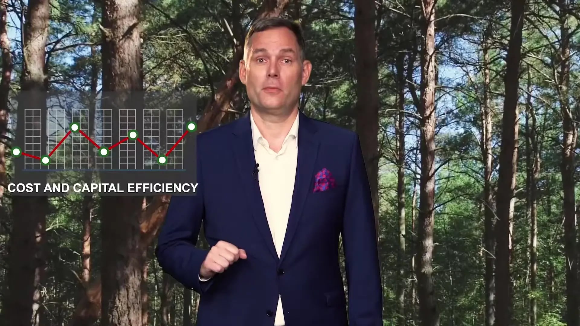 Moderator im Wald, neben ihm eingeblendete Diagramme
